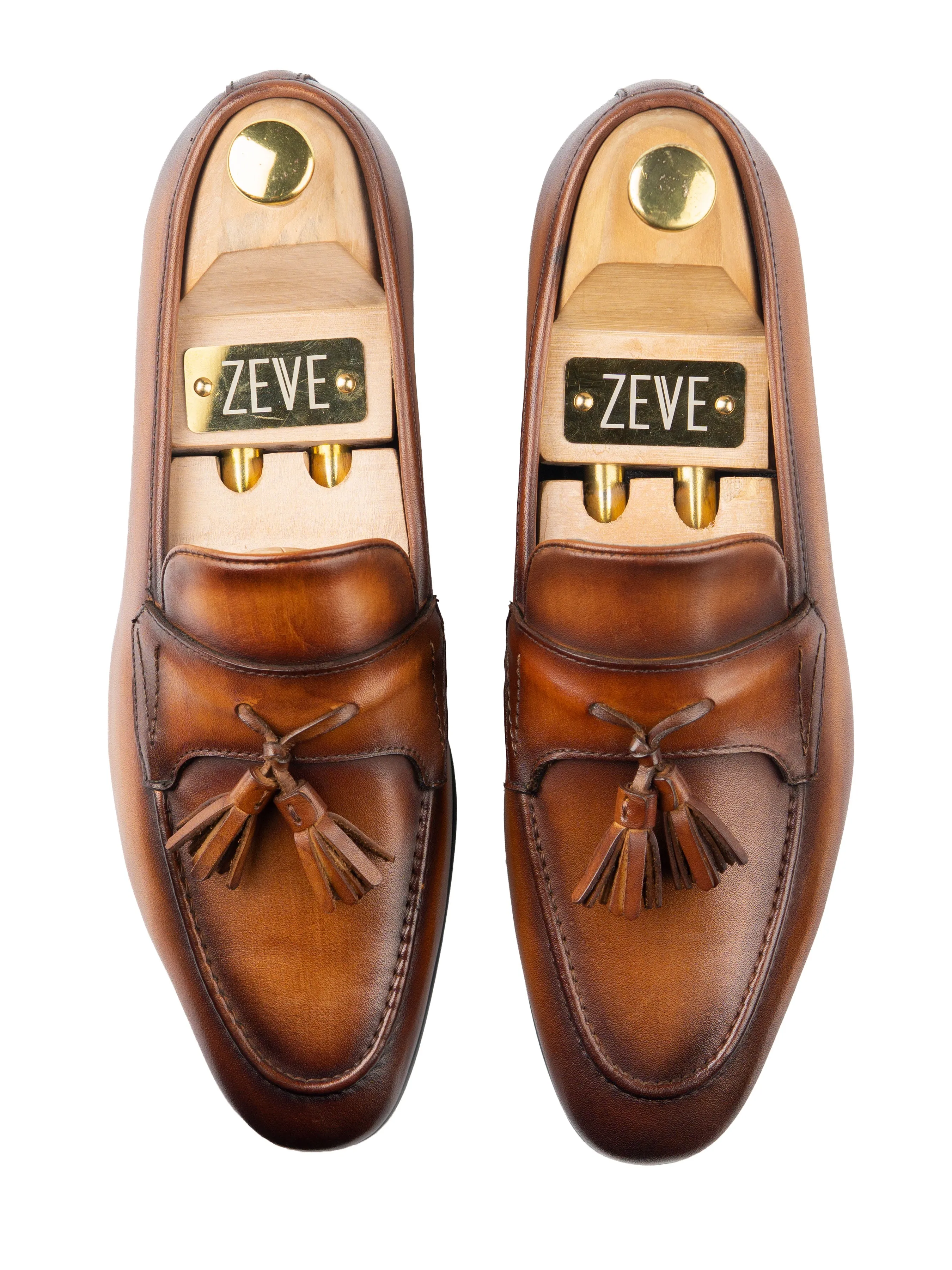 Quaste Loafer mit Flügelriemen - Cognac Braun (Handbemalte Patina)
