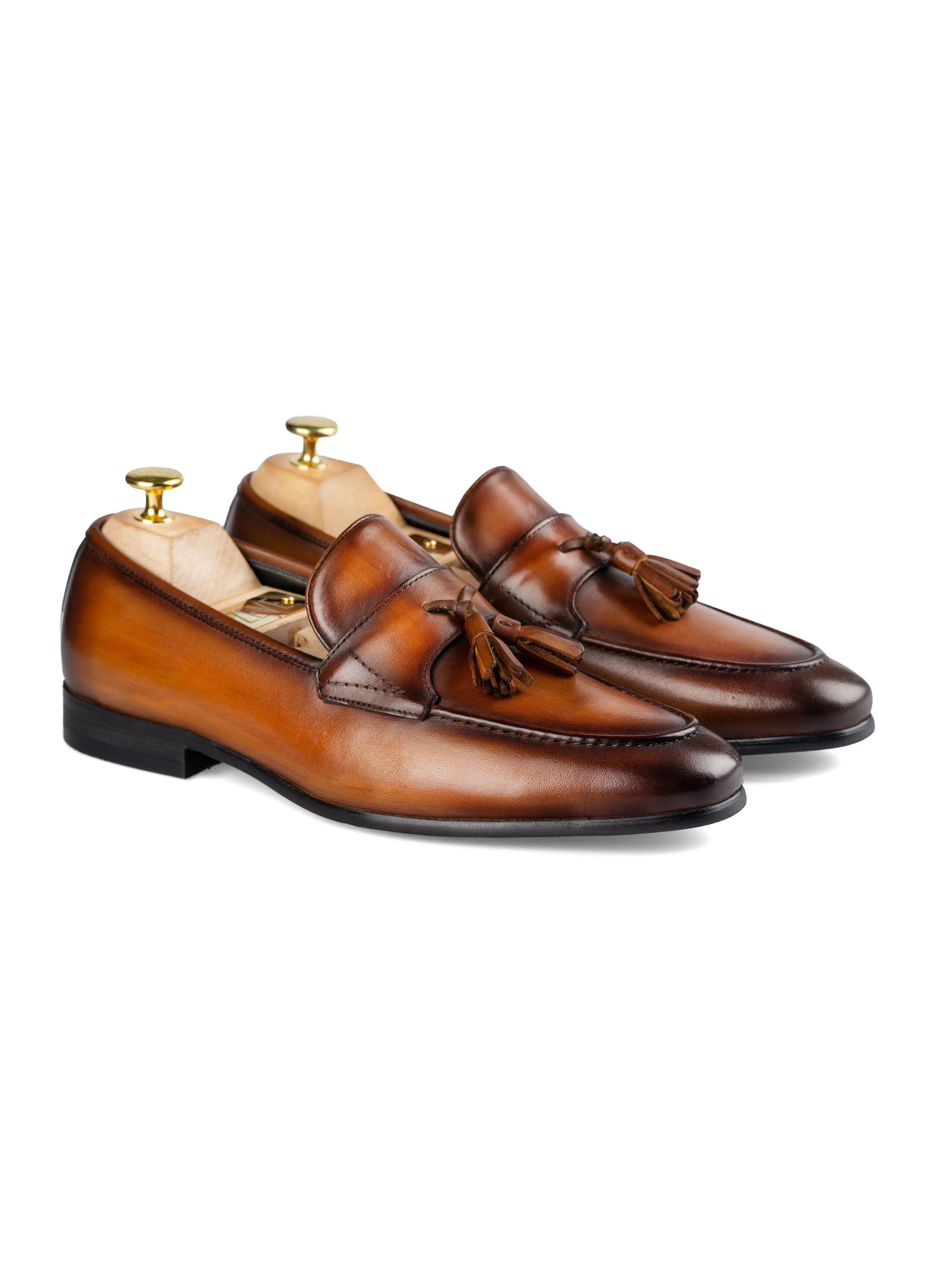 Quaste Loafer mit Flügelriemen - Cognac Braun (Handbemalte Patina)