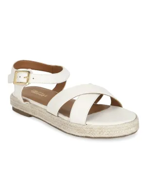 Weiße PU-Criss-Cross-Träger Jute-Espadrilles