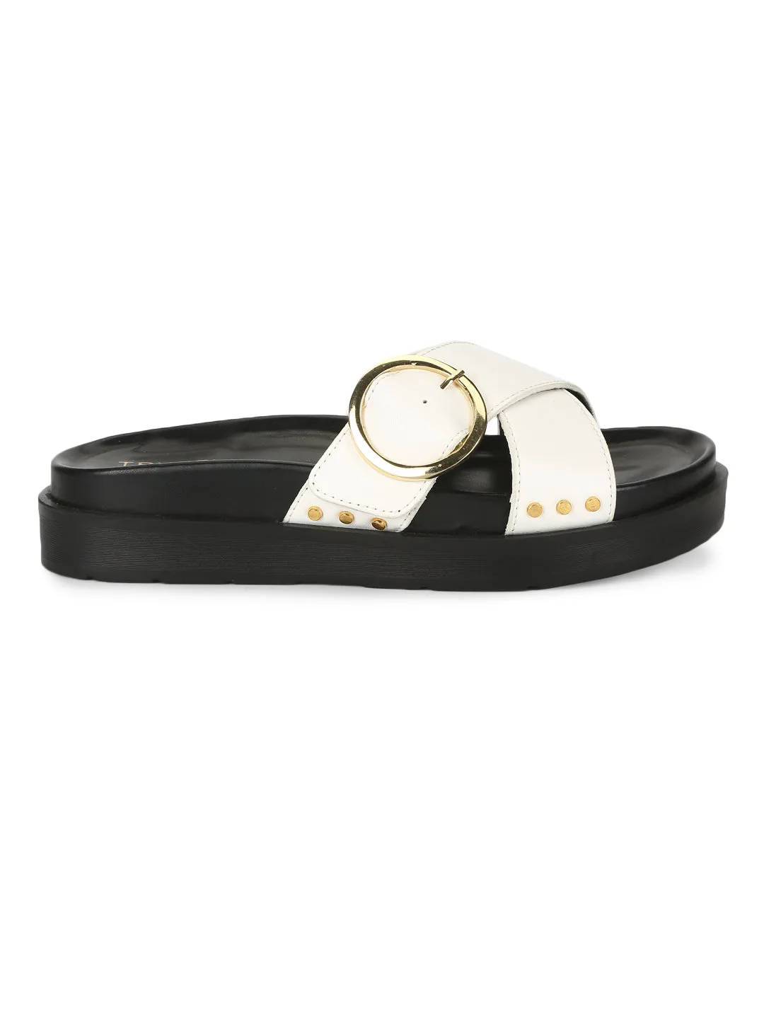 Weiße PU-Sandalen mit Kreuzverschluss und seitlicher Schnalle