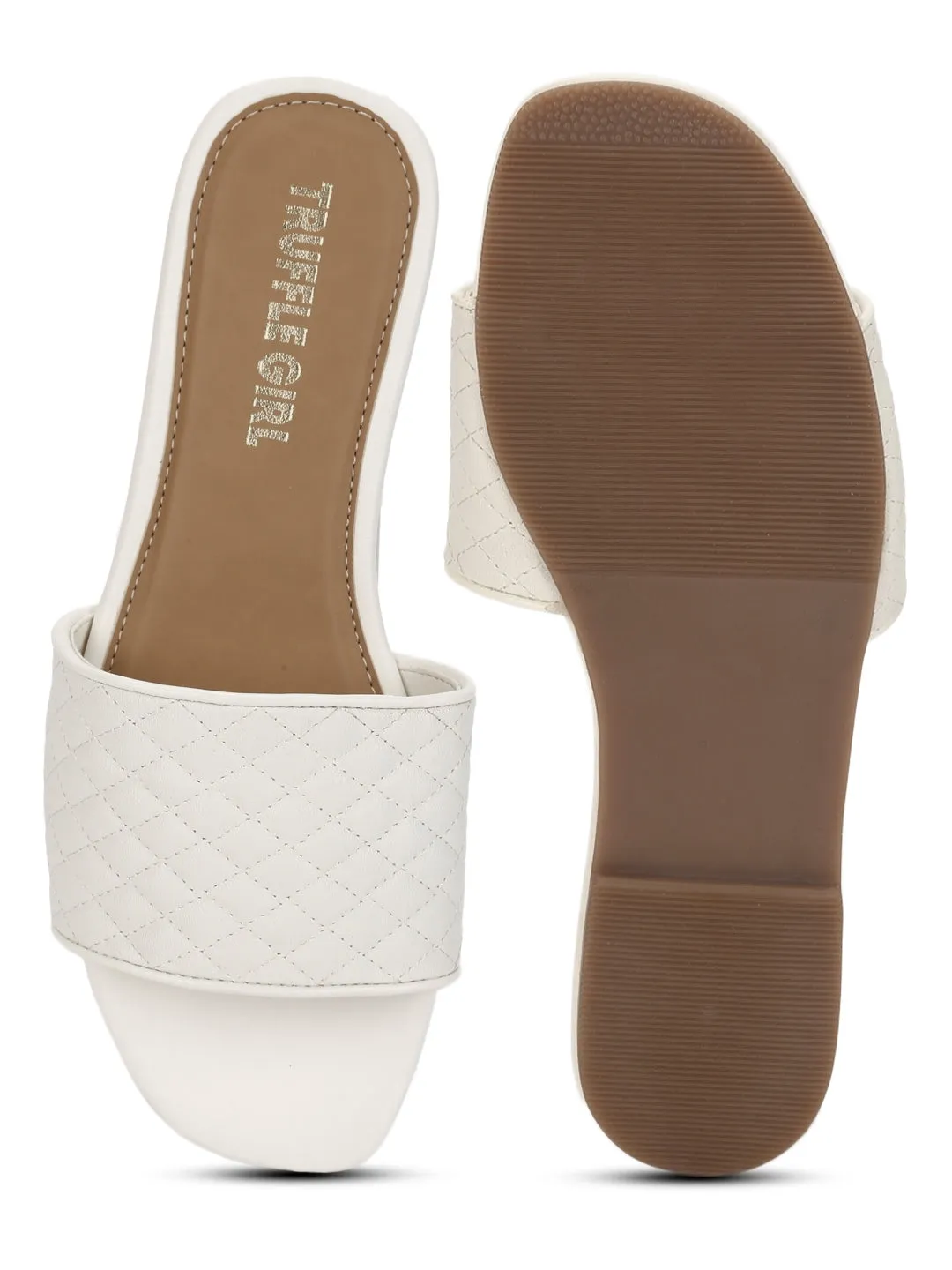 Weiße Stepp-PU-Slipper mit Flachsohle
