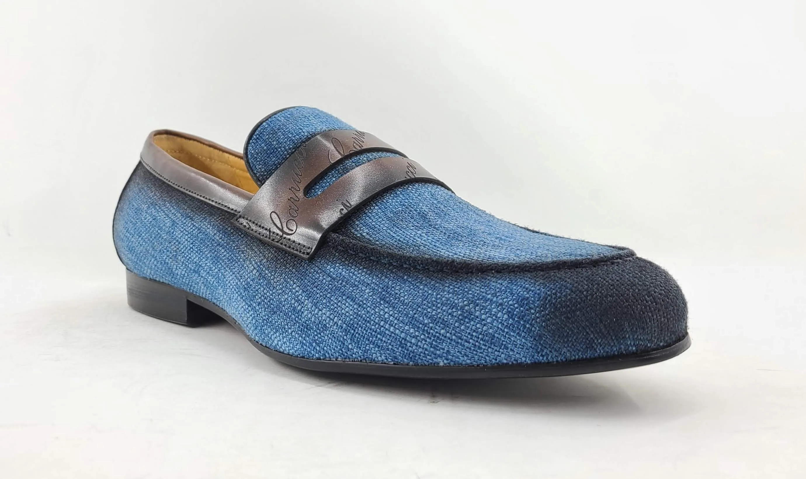 Gewebter Canvas & Kalbsleder Slip-On Loafer Blau/Braun