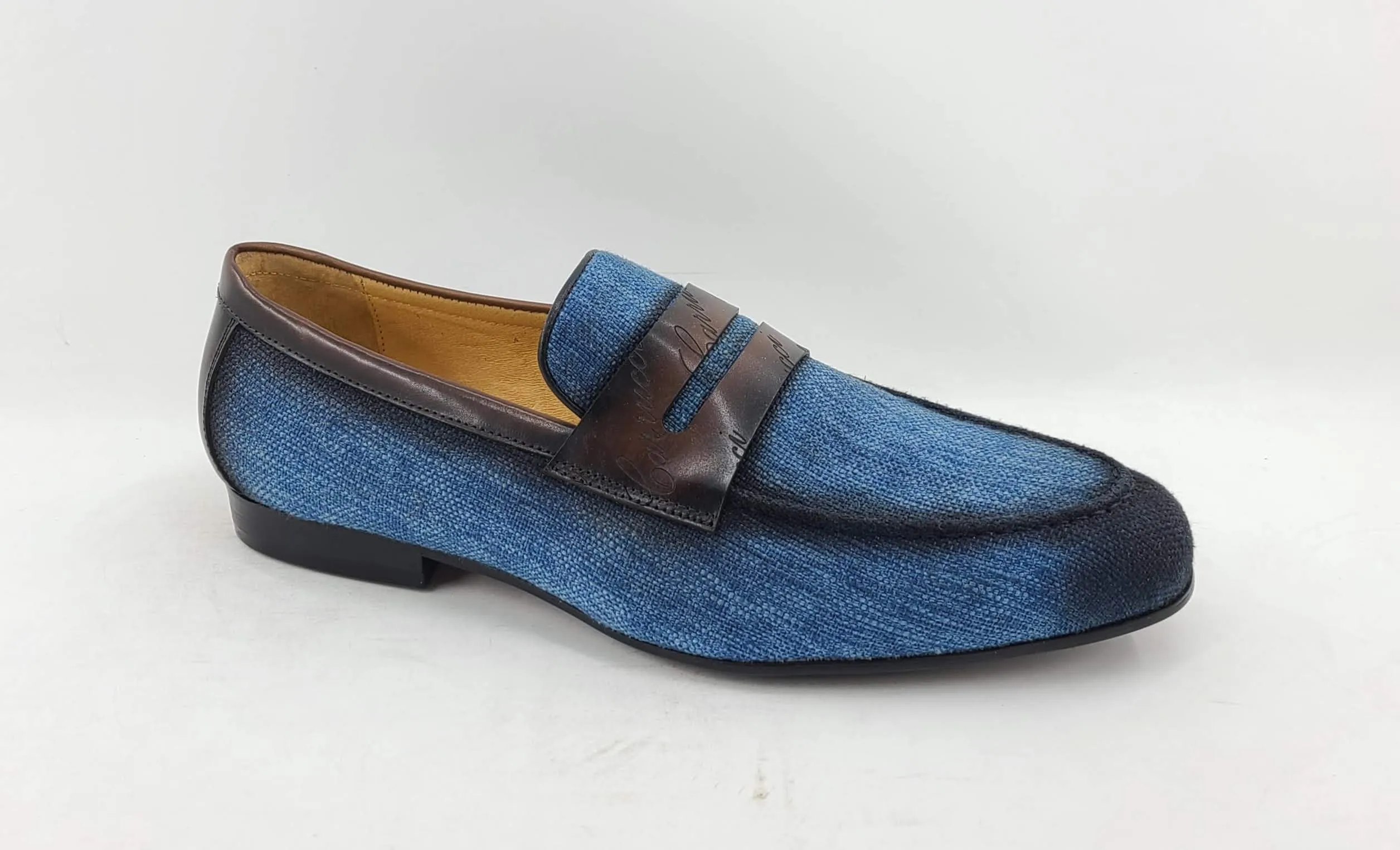 Gewebter Canvas & Kalbsleder Slip-On Loafer Blau/Braun