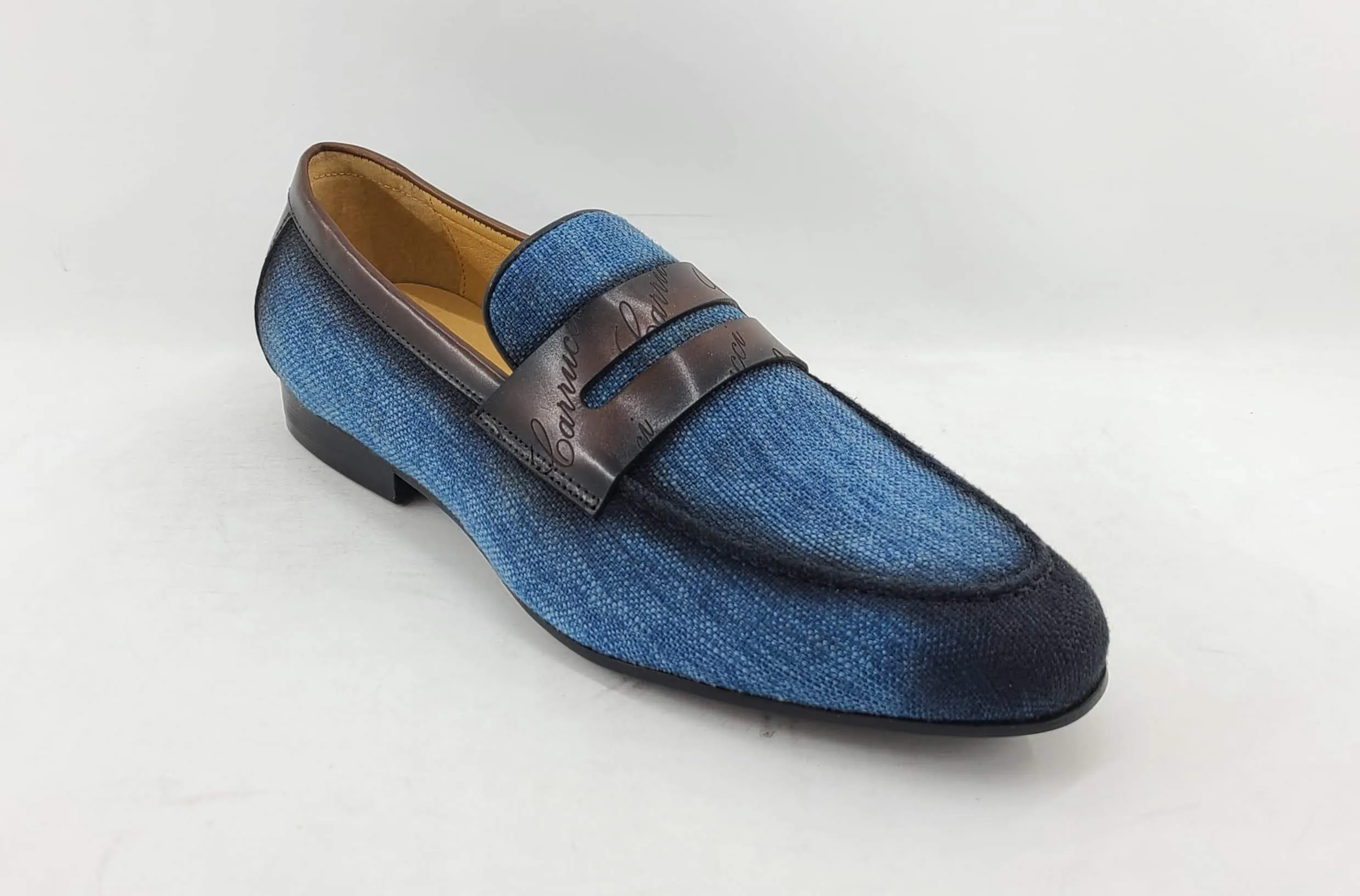 Gewebter Canvas & Kalbsleder Slip-On Loafer Blau/Braun