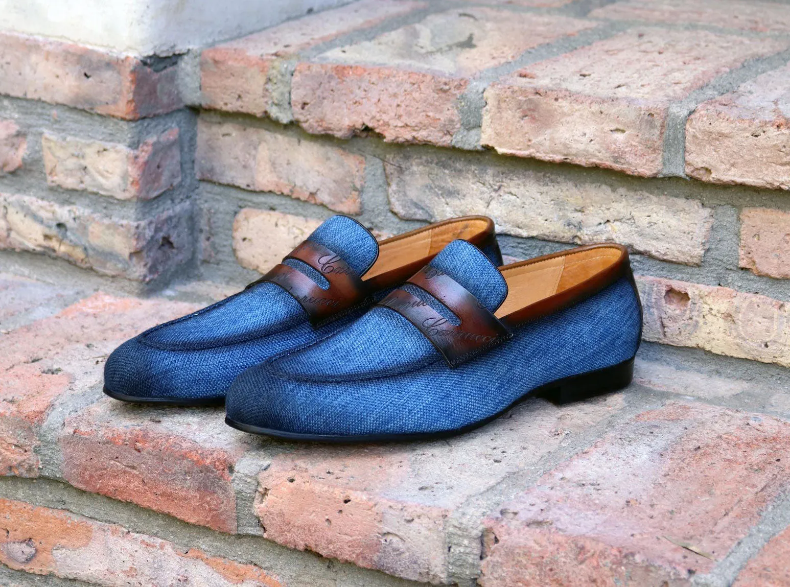 Gewebter Canvas & Kalbsleder Slip-On Loafer Blau/Braun