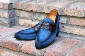 Gewebter Canvas & Kalbsleder Slip-On Loafer Blau/Braun