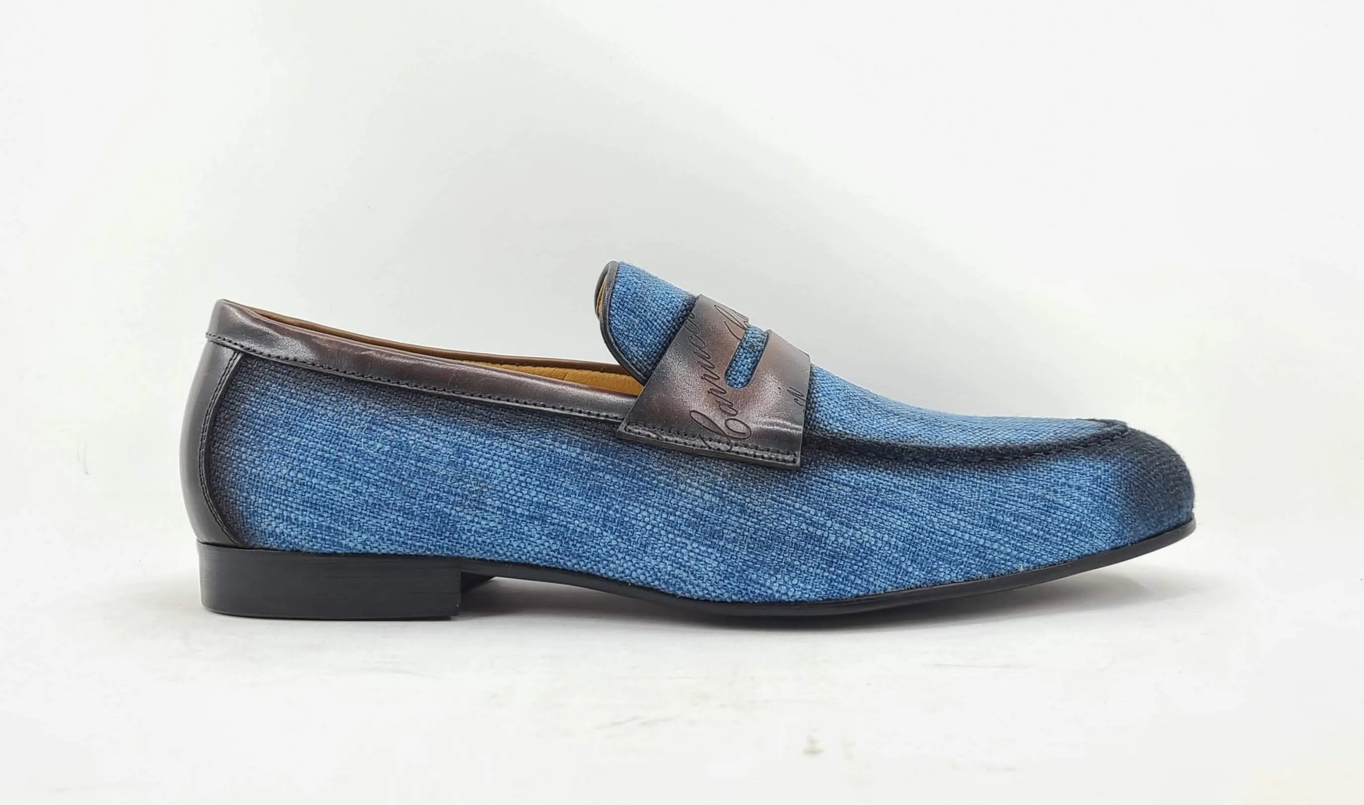 Gewebter Canvas & Kalbsleder Slip-On Loafer Blau/Braun