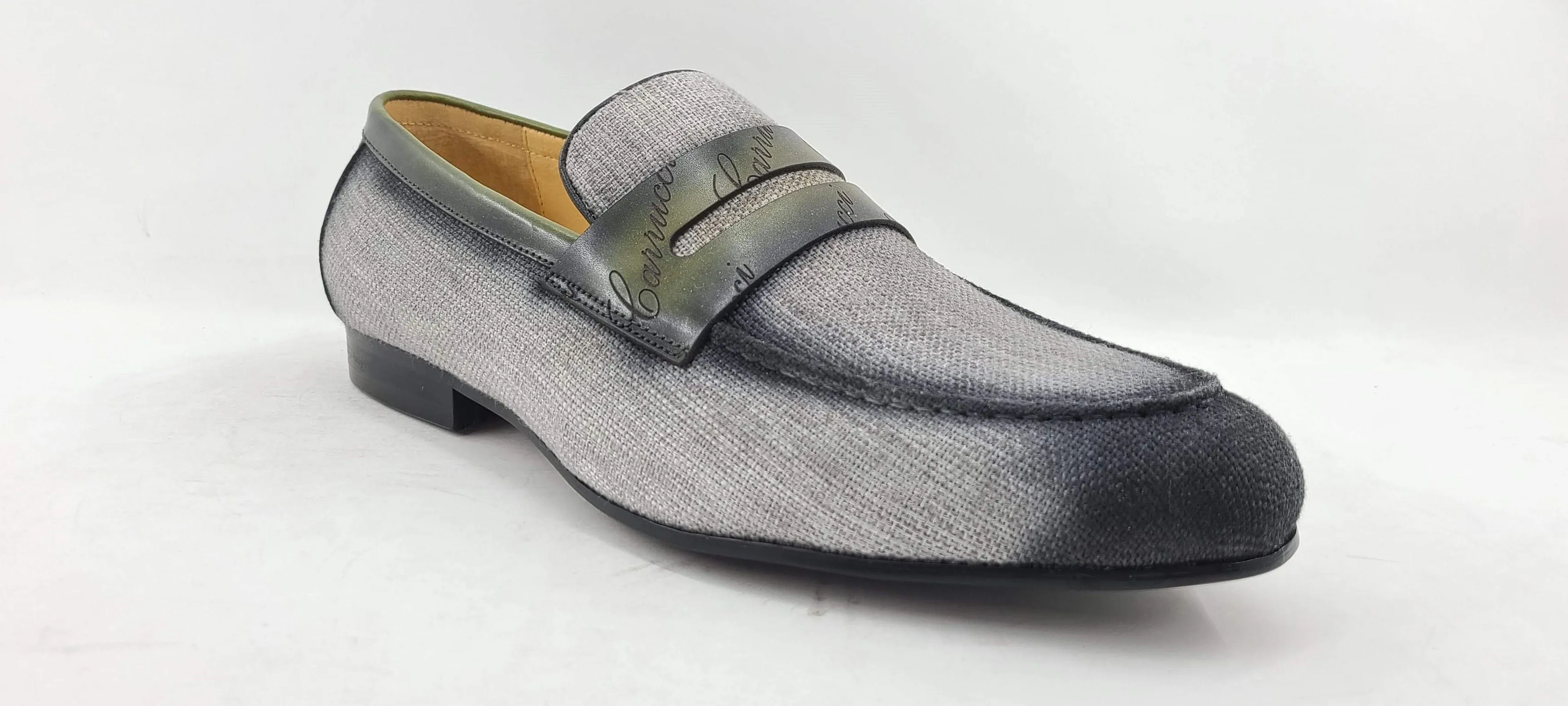 Gewebter Canvas & Kalbsleder Slip-On Loafer Grau/Oliv