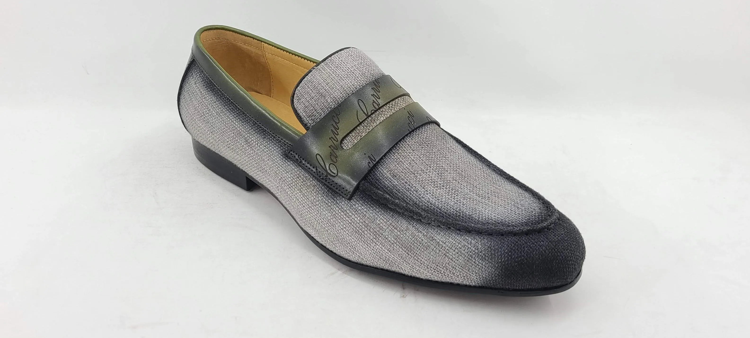 Gewebter Canvas & Kalbsleder Slip-On Loafer Grau/Oliv