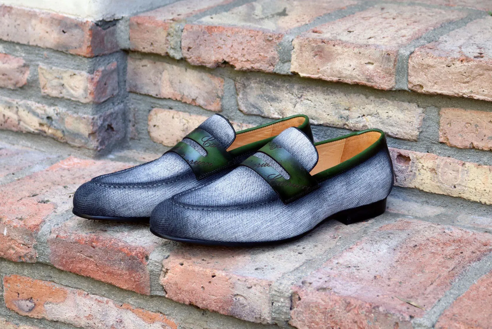 Gewebter Canvas & Kalbsleder Slip-On Loafer Grau/Oliv