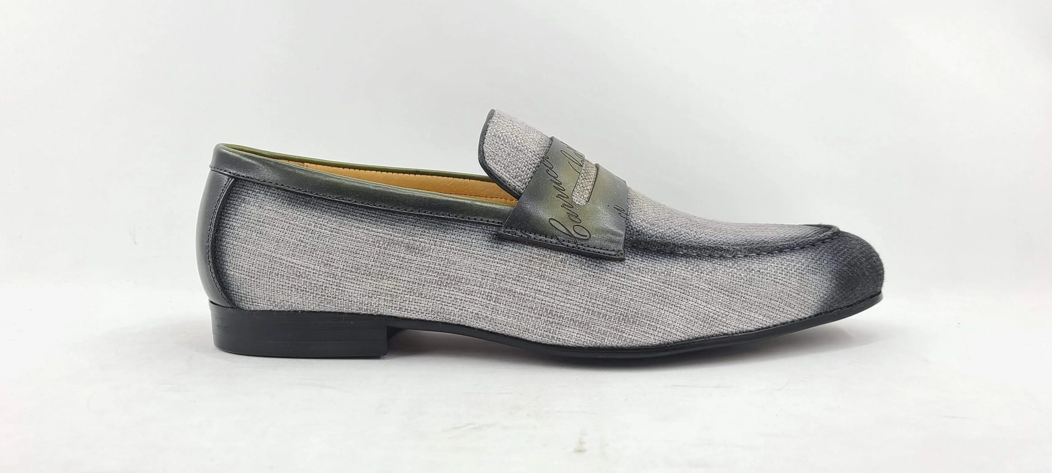 Gewebter Canvas & Kalbsleder Slip-On Loafer Grau/Oliv