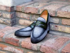 Gewebter Canvas & Kalbsleder Slip-On Loafer Grau/Oliv