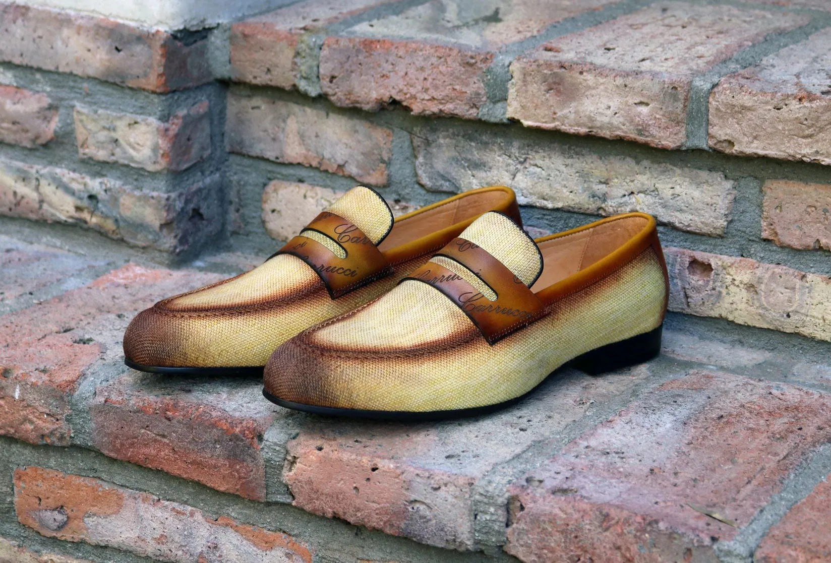 Geflochtener Canvas & Kalbsleder Slip-On Loafer Gelb/Braun