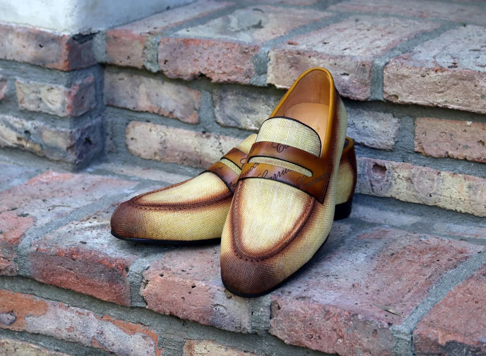 Geflochtener Canvas & Kalbsleder Slip-On Loafer Gelb/Braun