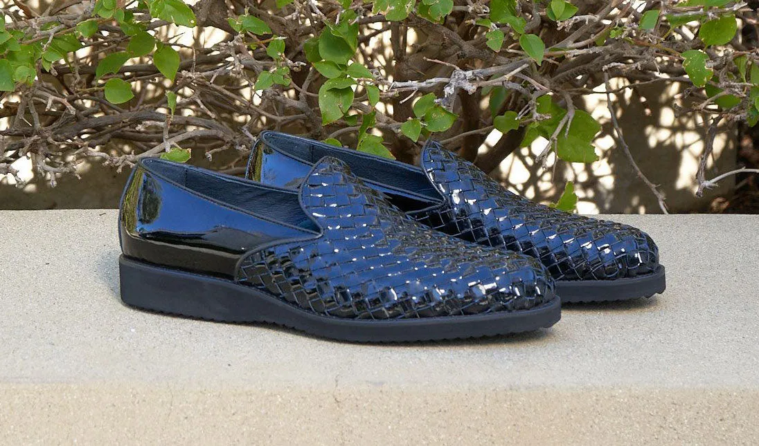 Geflochtener Glanzkalbsleder-Slipper Schwarz
